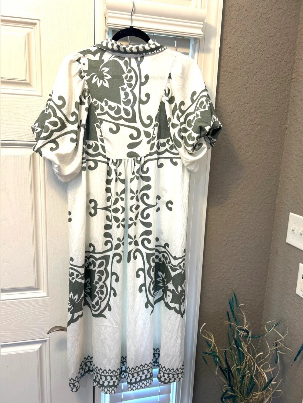 White and Olive Patterned Women's Dress - Picture 2 of 4